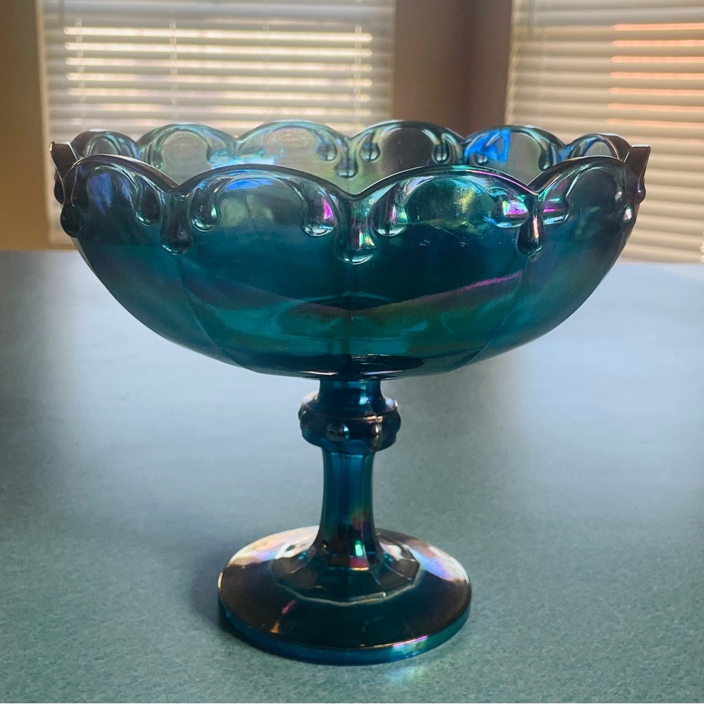Indiana Carnival Glass Iridescent Blue Garland Bowl Pedestal Compote~7.5”